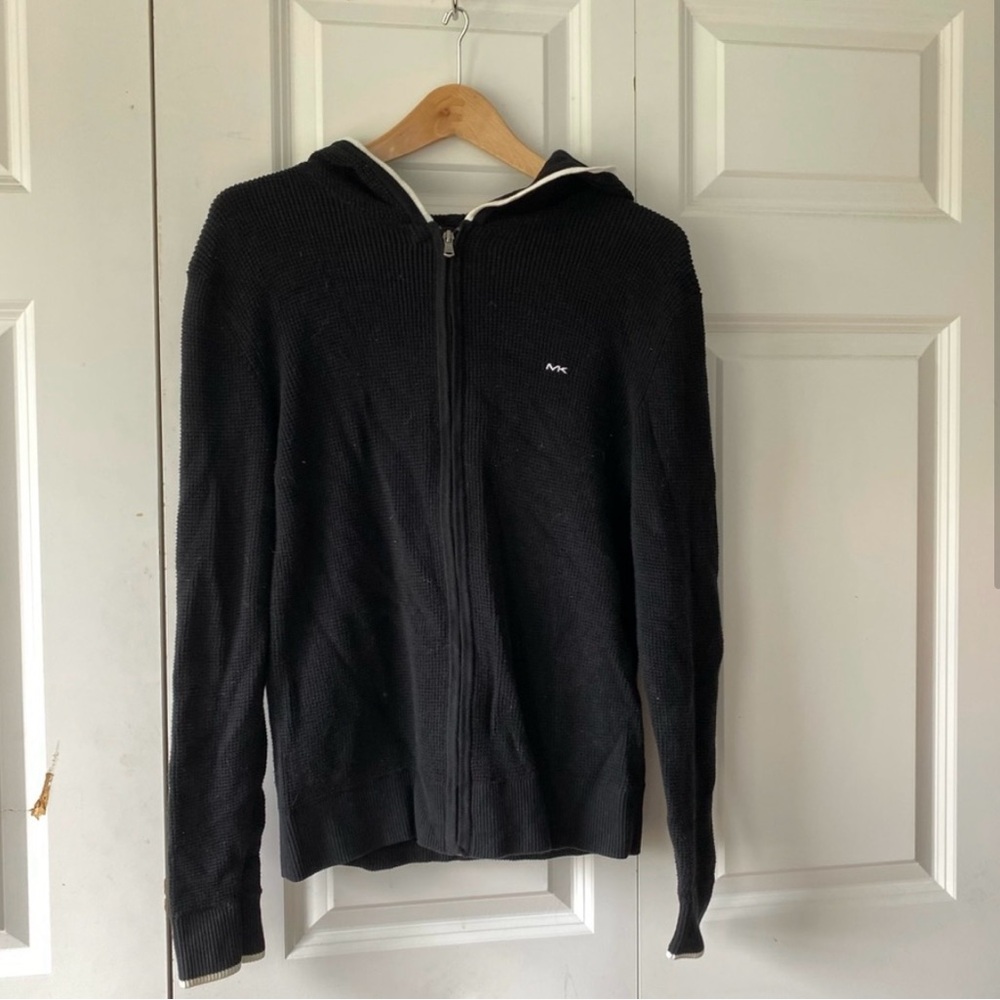 Michael Kors Black Zip Hoodie Sweater with White Trim